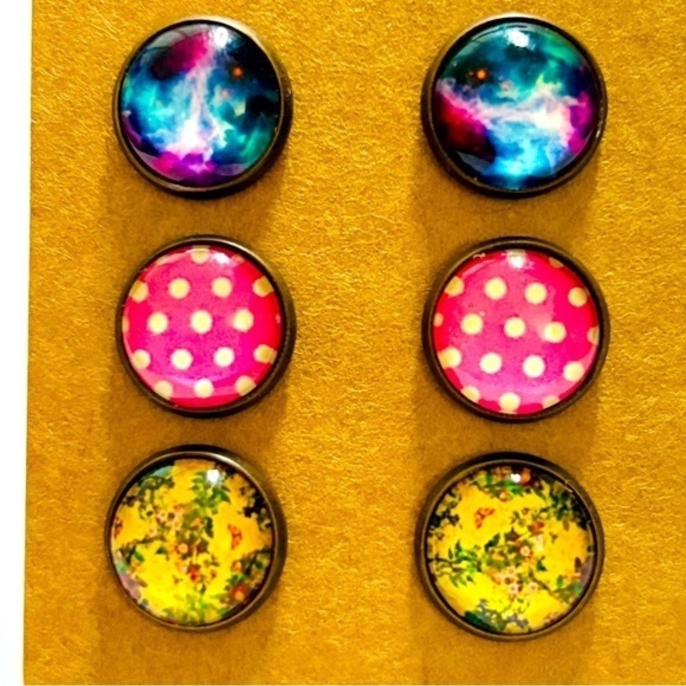 3 Pairs of 12mm Glass Cabochon Printed Stud Earrings, NWT, Handmade, Unworn